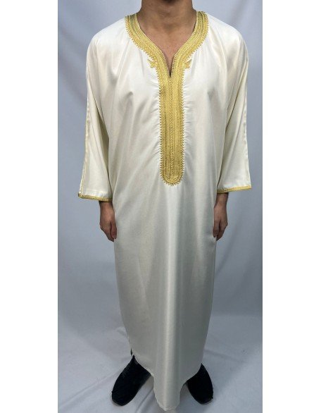 White Moroccan Thobe with Gold Embroidery