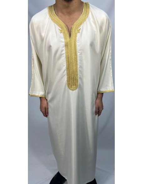 White Moroccan Thobe with Gold Embroidery