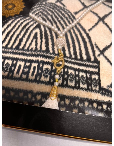 Islamic Prayer Musalla (Rug) & Tasbeeh 2-in-1 Gift Set - Golden & Coffee Colors